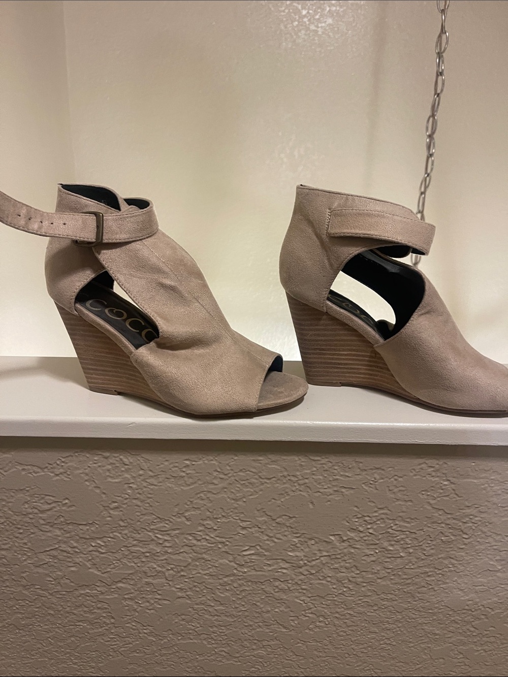 CCOCCI Taupe Suede Peep-Toe Wedge Sandals with Ankle Strap